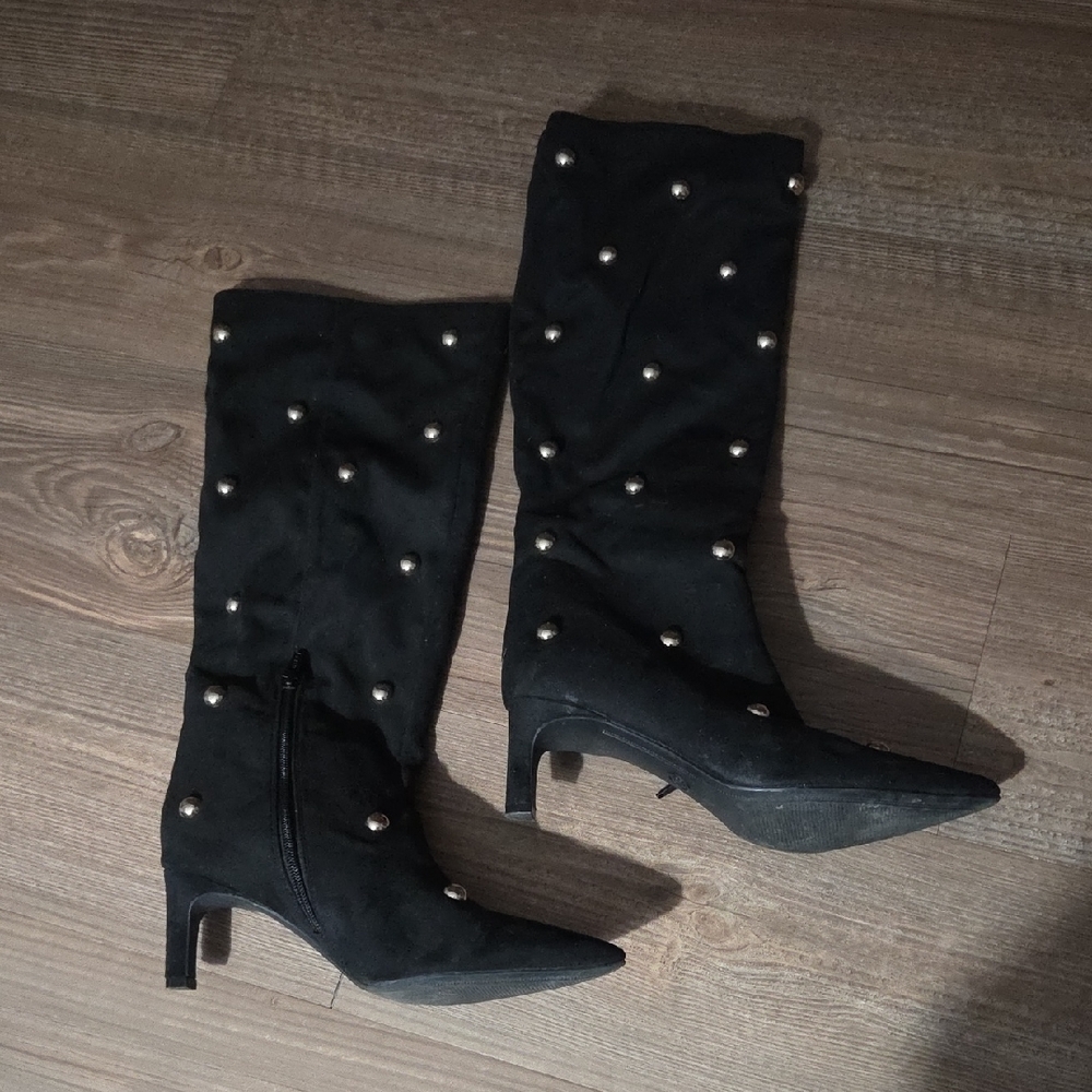 Black Studded Mid-Calf Heeled Boots